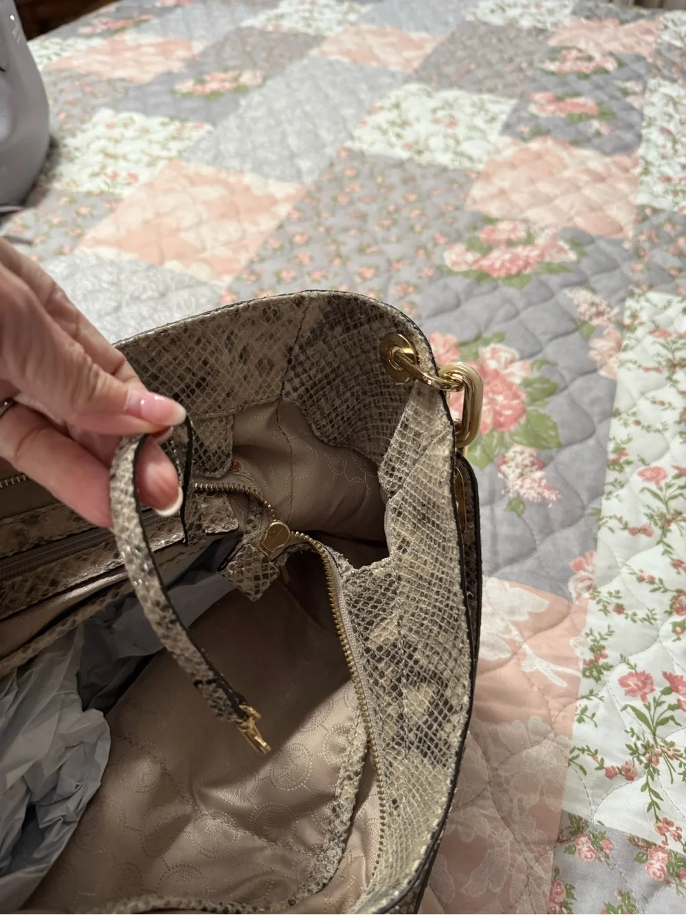 Michael Kors Beige Snake-Print Hobo with Gold Hardware